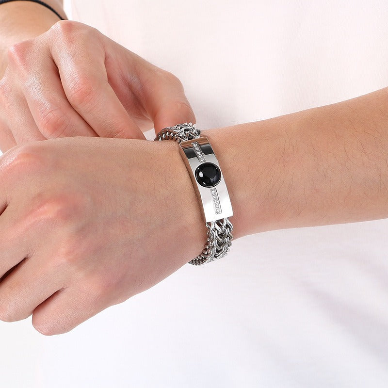 Kemstone Titanium Steel ID Bar Bracelet for Men Stone Inlay Braided Chain KB212795-KFC