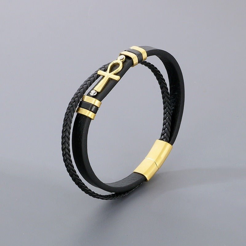 Kemstone Layered Leather Bracelet for Men Stainless Steel Cross Detail KB180738-JR