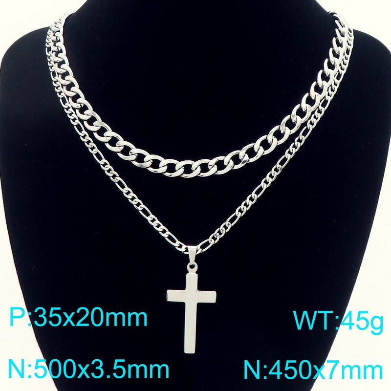Kemstone Stainless Steel Cross Pendant Necklace for Men Layered NK Chain KN292217-Z