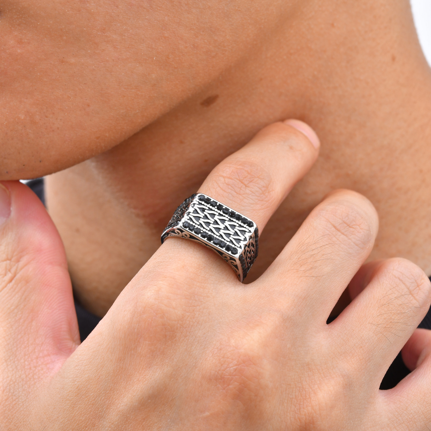 Kemston Stainless Steel Woven Chain Signet Ring for Men Black Cubic Zirconia Inlay Vintage RC-1134