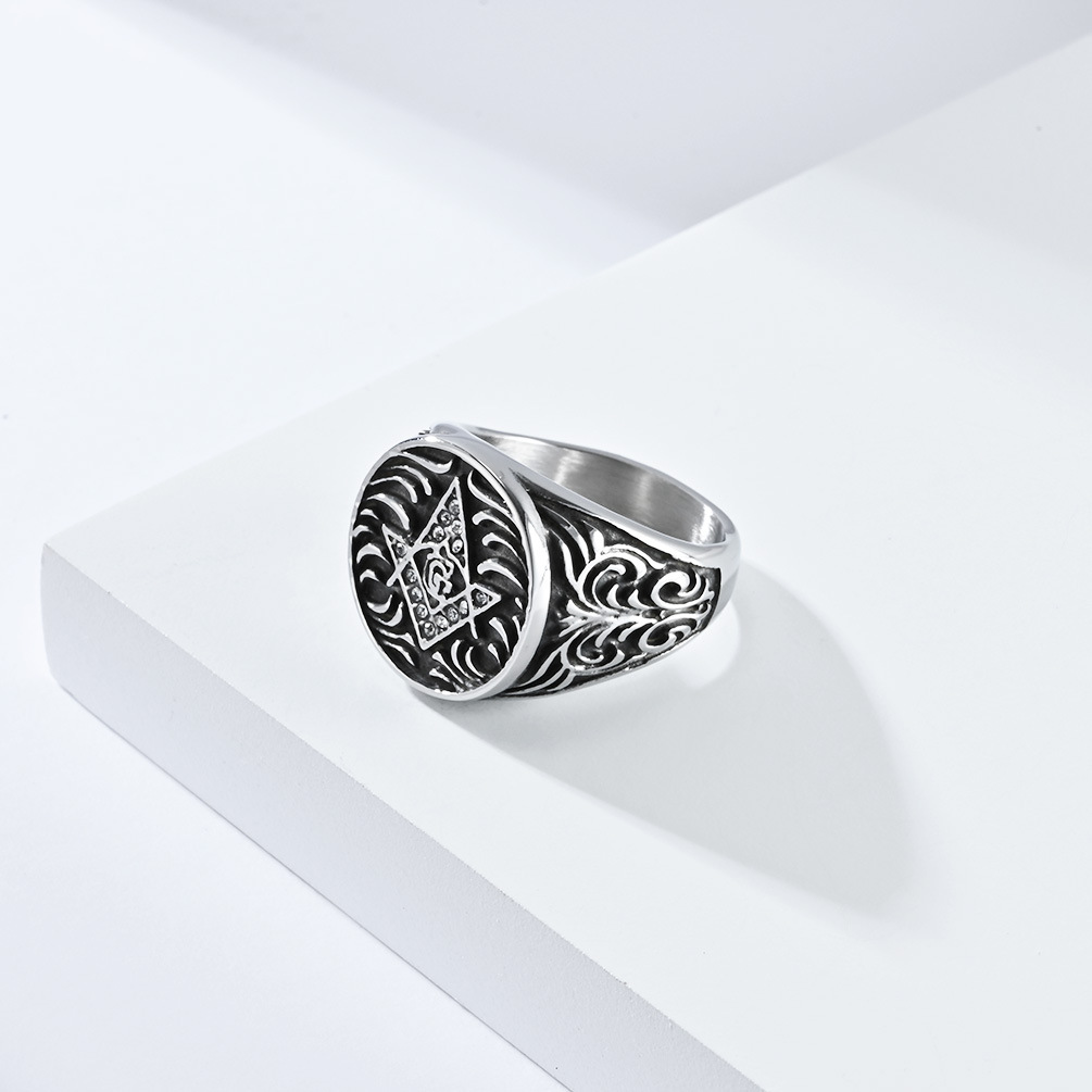 Kemstone Titanium Steel Freemason Ring – Vintage Masonic Emblem Design K-R800
