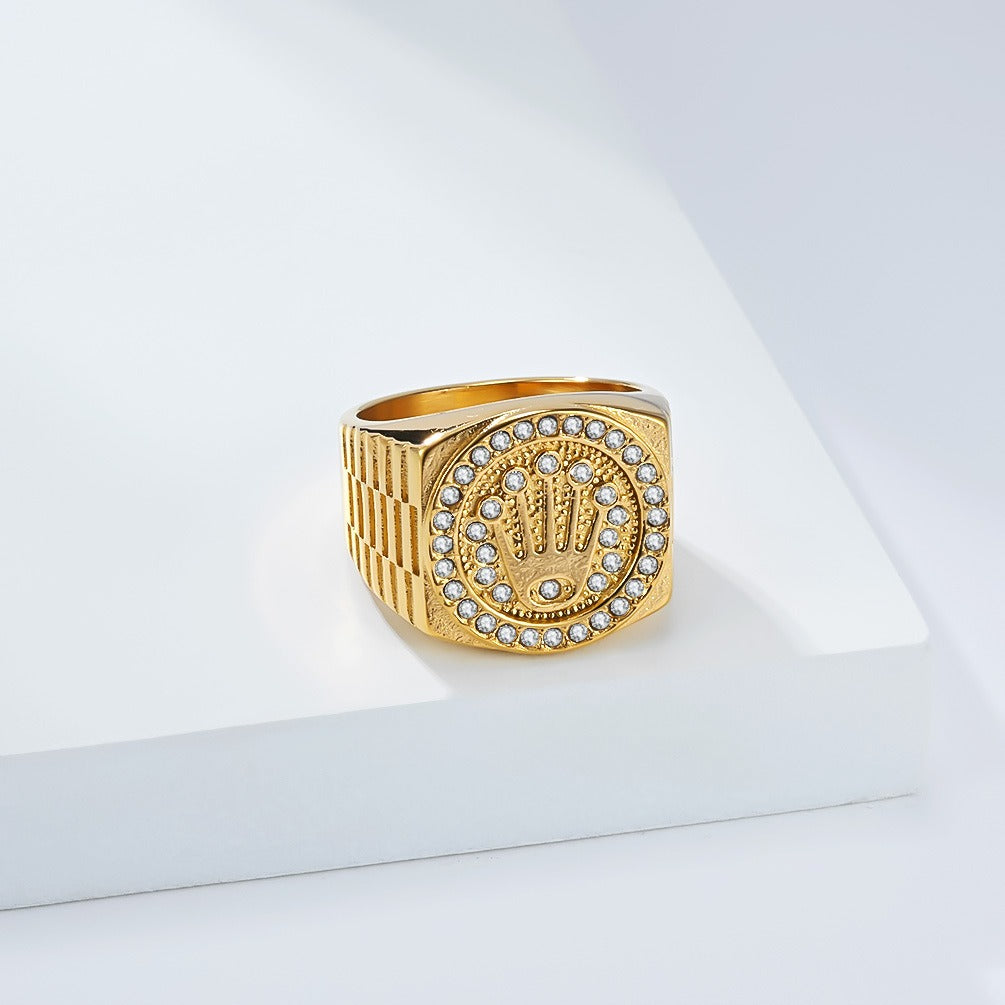 Kemston Crown Signet Ring for Men Stainless Steel Hip Hop Iced Out Band K-R1080