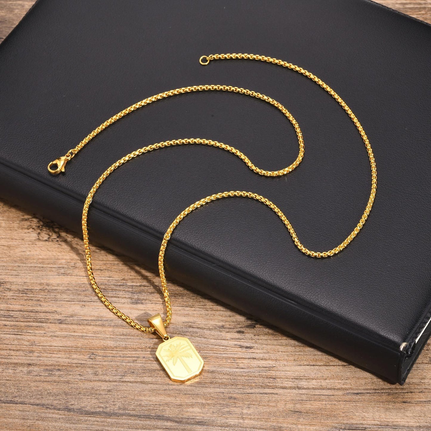 Kemstone Stainless Steel Palm Tree Pendant Necklace – Etched Rectangle Tag, Gold Silver PN-1990