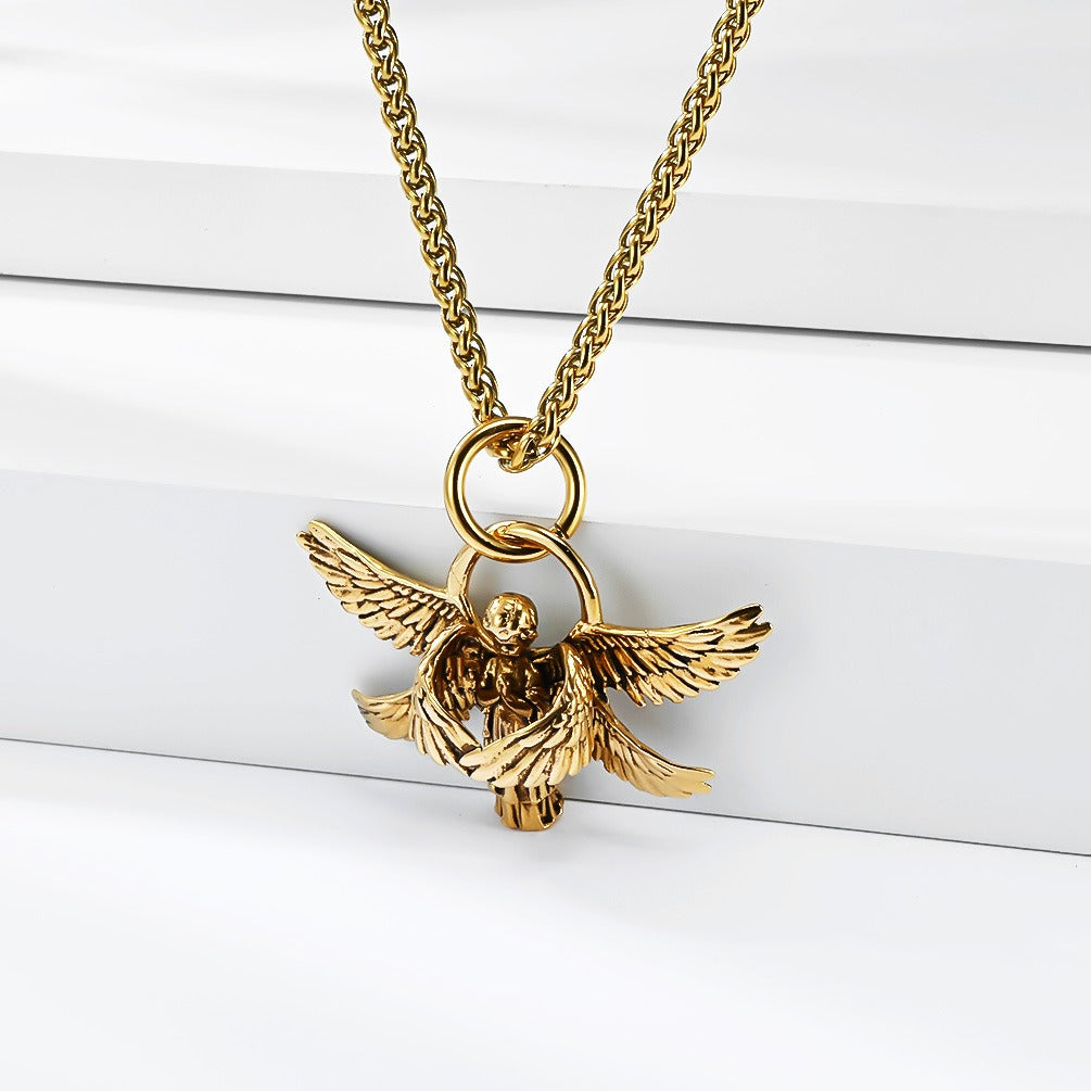 Kemstone Winged Figure Necklace for Men Stainless Steel Detailed Wing Chain Silver Gold K-PT709