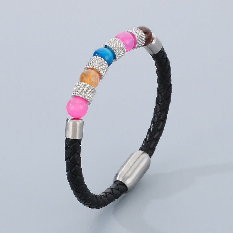 Kemstone Braided Faux Leather Quartz Bead Bracelet for Men KB179957-YA