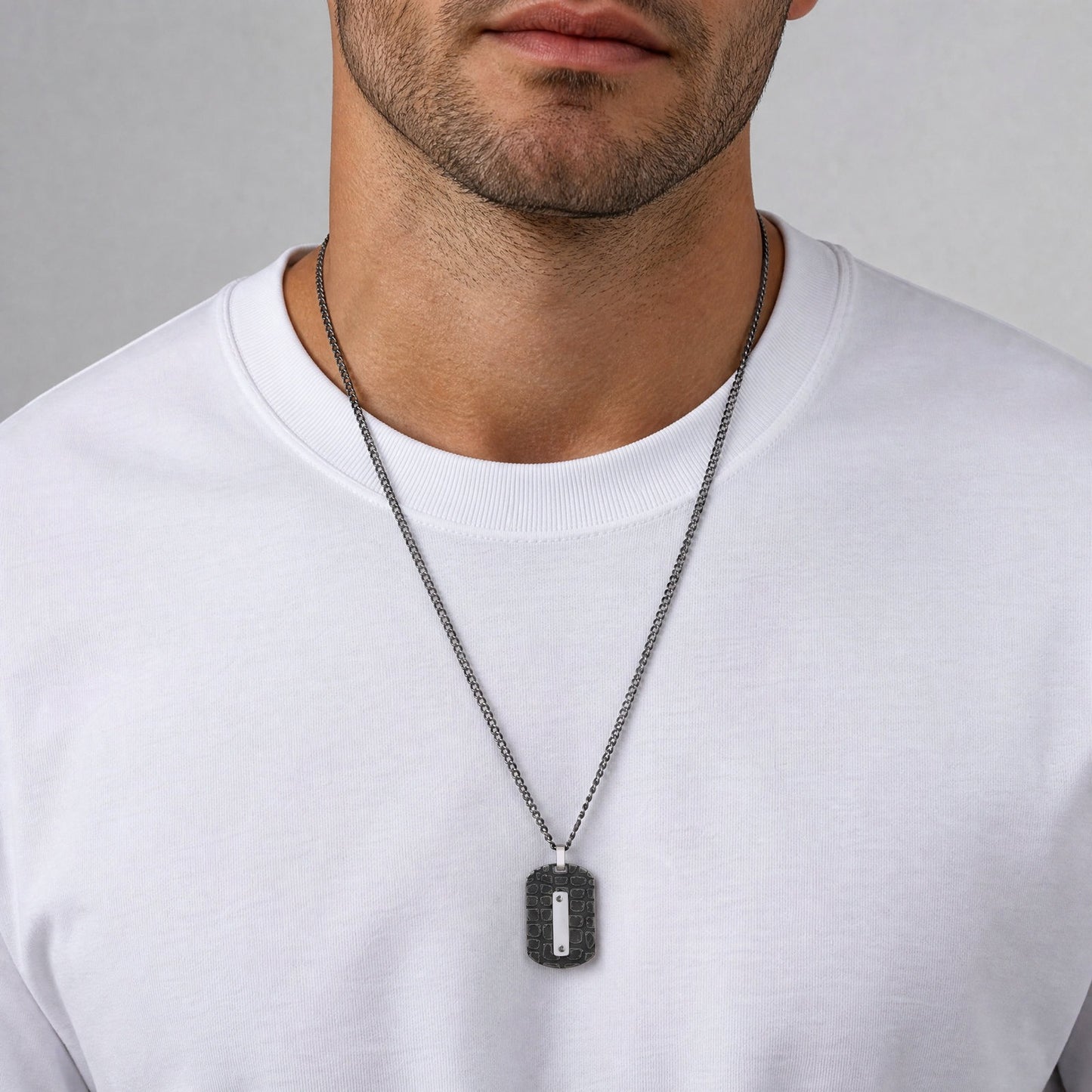 Kemston Textured Rectangular Pendant Necklace for Men Stainless Steel Polished Bar PN-2396GR