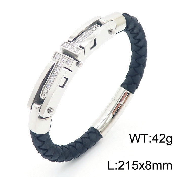 Kemston T-Bar Braided Leather Bracelet for Men Titanium Steel Stone Accent Gold Silver KB163596-KFC