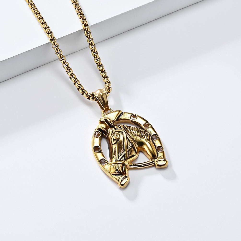 Kemstone Men’s Stainless Steel Horse Head Horseshoe Necklace – Gold/Silver K-PT606