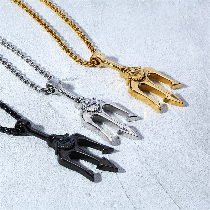 Kemstone Trident Pendant Necklace for Men Stainless Steel Vertical Symbol Gold Silver Black PN-1176
