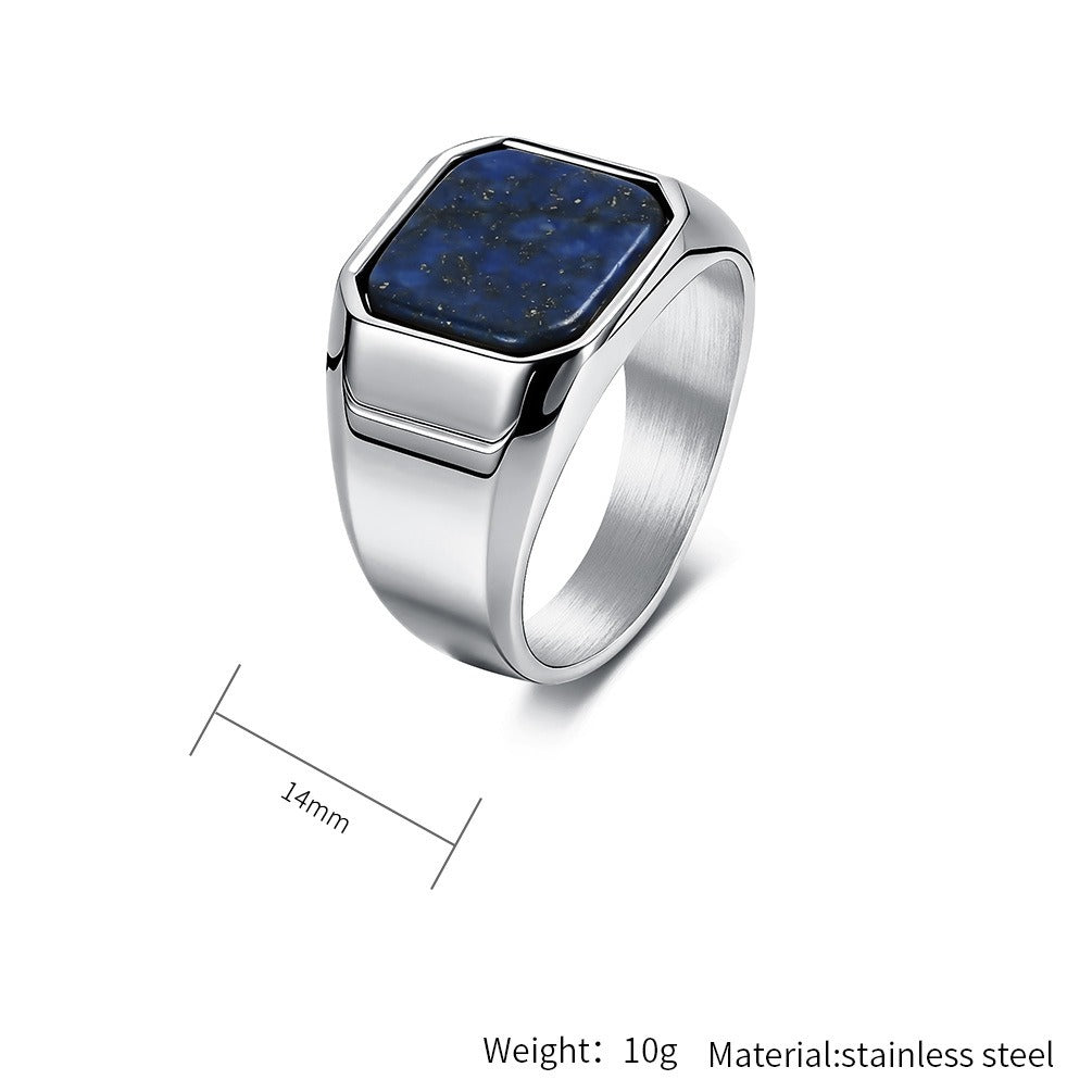 Kemstone Signet Ring for Men Titanium Steel Square Blue Black Stone Inlay KR1138