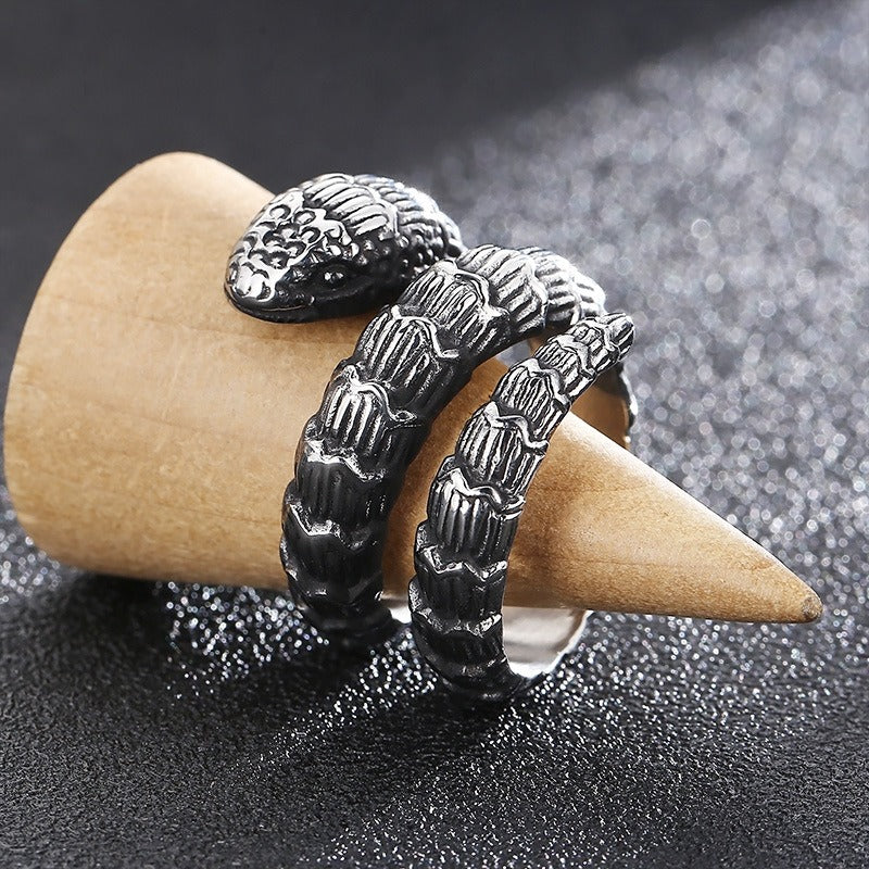 Kemstone Dark Forge Coiled Python Ring - Industrial Punk Stainless Steel Men's Statement Jewelry KR104866-KJX