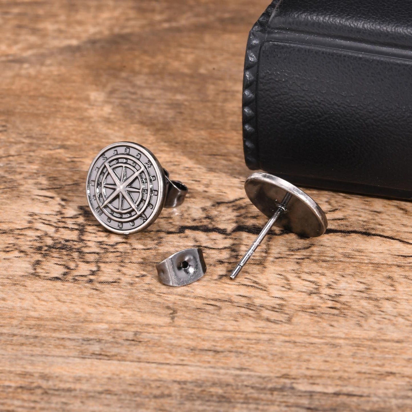 Kemstone Men’s Stainless Steel Compass Stud Earrings – Vintage Hip Hop Gold Silver Black ES-505
