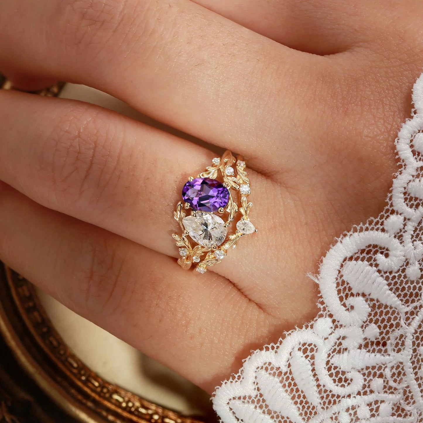 Kemstone Moonstone & Mandarin Garnet Ring Set for Women – Vintage Floral Stackable Ring in S925 Sterling Silver 18K Gold Plated T7-YC0323RS