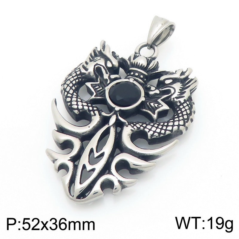 Kemstone Vintage Double Dragon Pendant Necklace Titanium Steel Sword with Cubic Zirconia for Men KP117722-LU