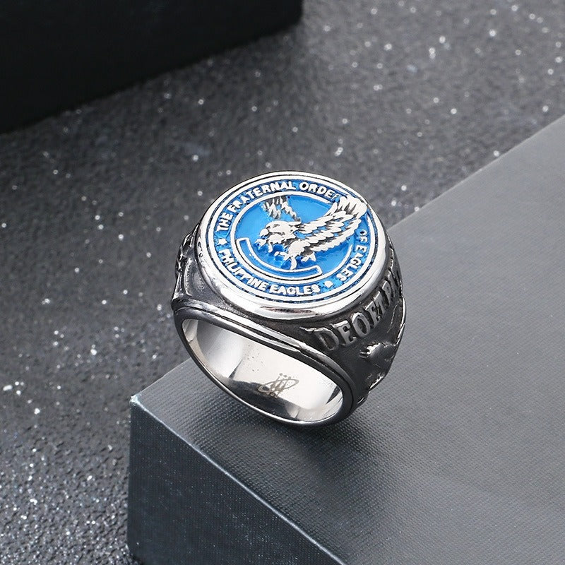 Kemstone Titanium Steel Eagle Ring – Blue Enamel Vintage Signet Jewelry, Symbol of Freedom KR114201-LU