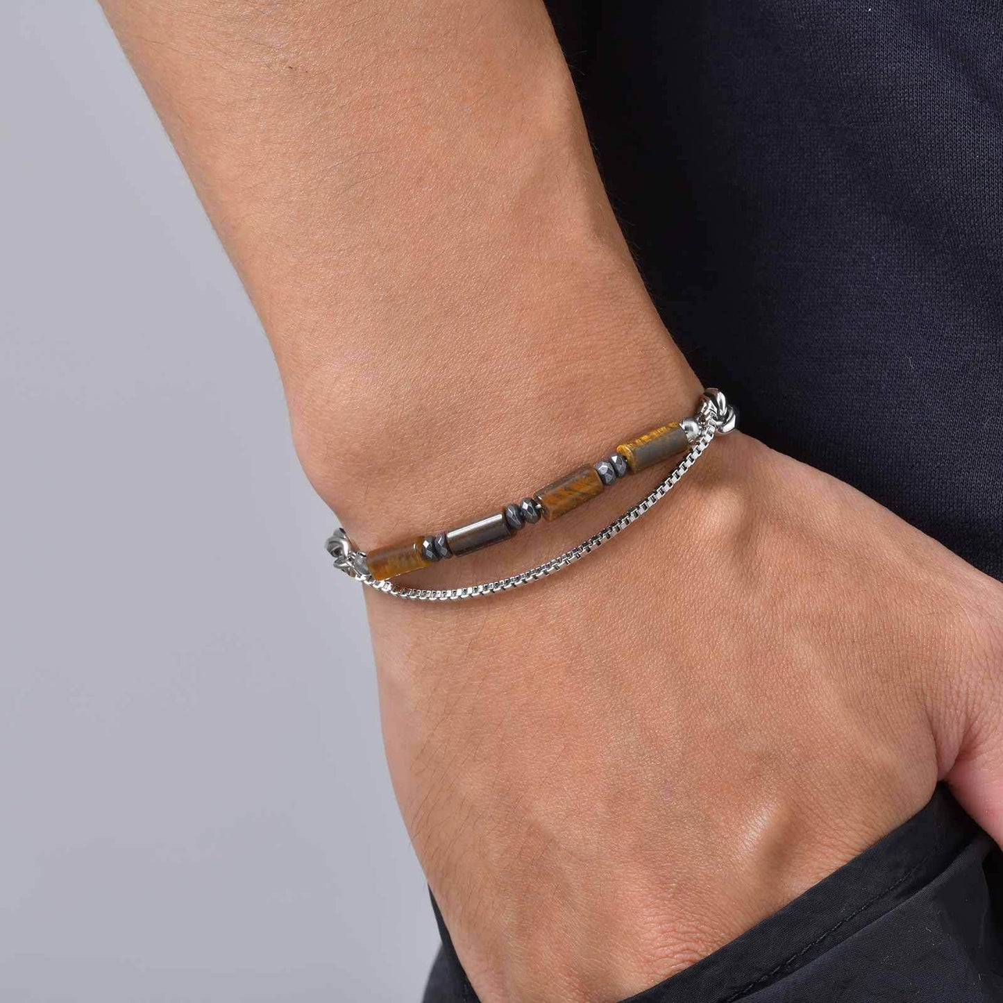 Kemston Stone Bead Bracelet for Men Stainless Steel Layered Design BR-2935