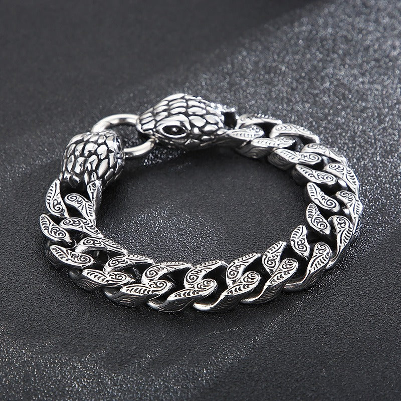 Kemstone Double Snake Head Bracelet – Titanium Steel Cuban Chain for Men | Gothic Punk Vintage Style KB161368-KJX