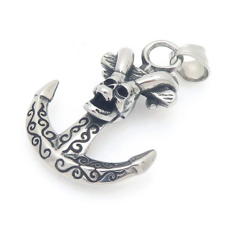 Kemstone Anchor Pendant Necklace Titanium Steel Nautical Wheel Skull Cross Design for Men Silver KP117037-LU