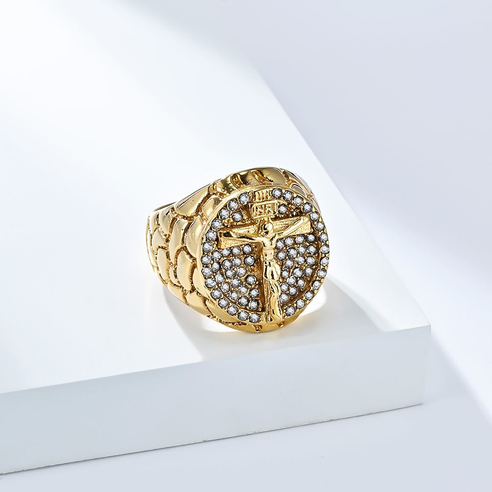 Kemstone Cross Signet Ring for Men Stainless Steel Cubic Zirconia Iced Out Gold Silver K-R1012