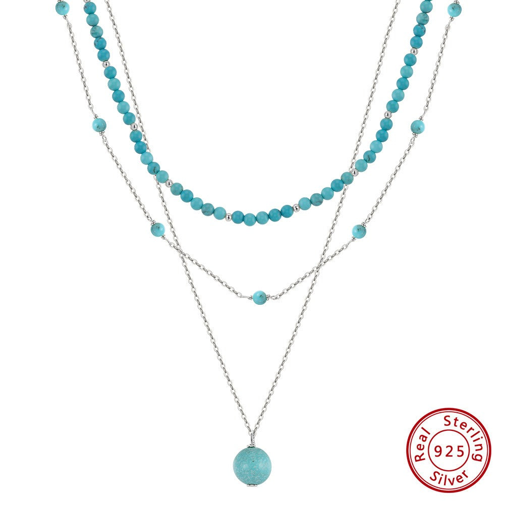 Kemstone 925 Sterling Silver Turquoise Layered Necklace for Women Beaded Double Chain BQN33