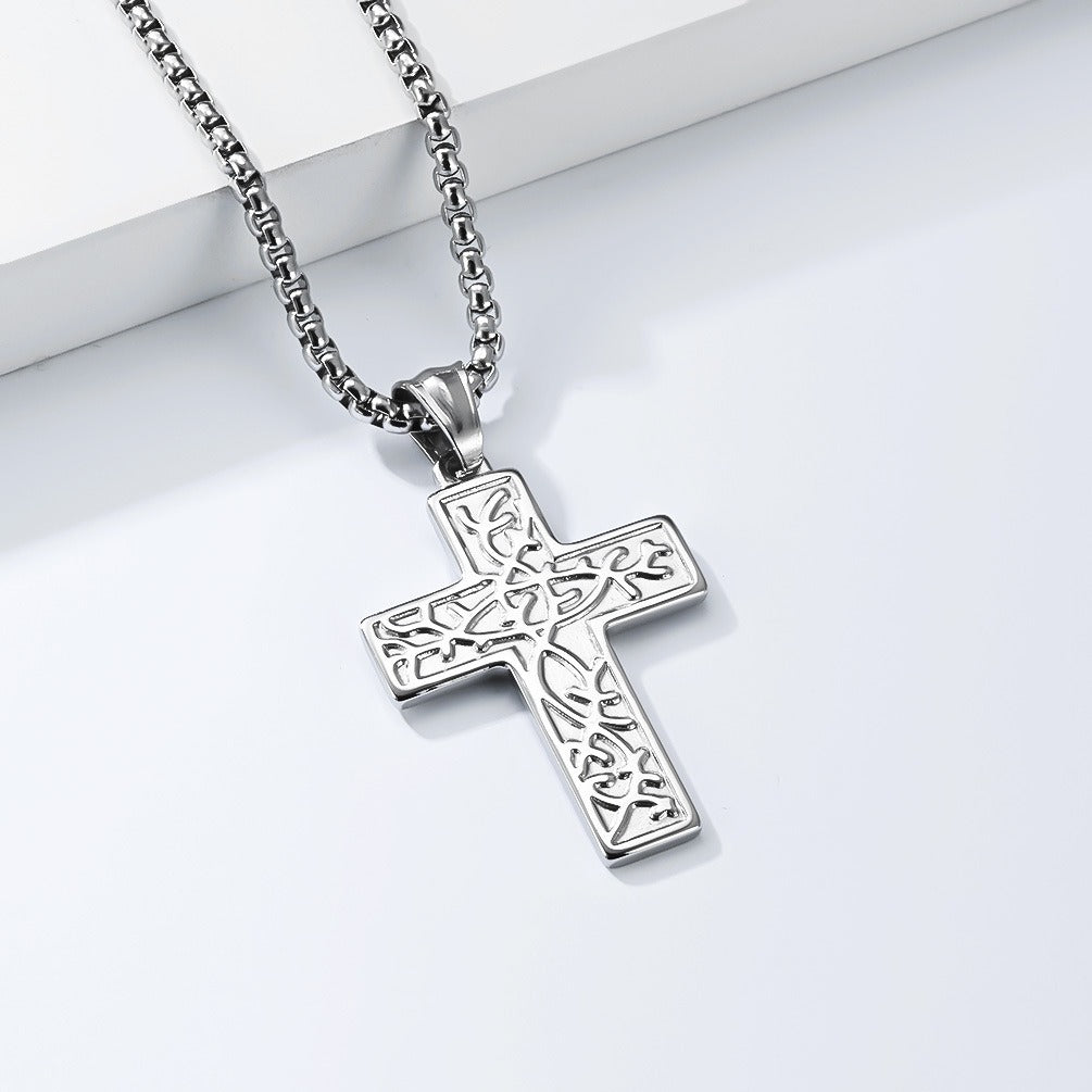 Kemstone Stainless Steel Cross Pendant Necklace for Men Vintage Engraved Tree of Life Lightweight K-PT725