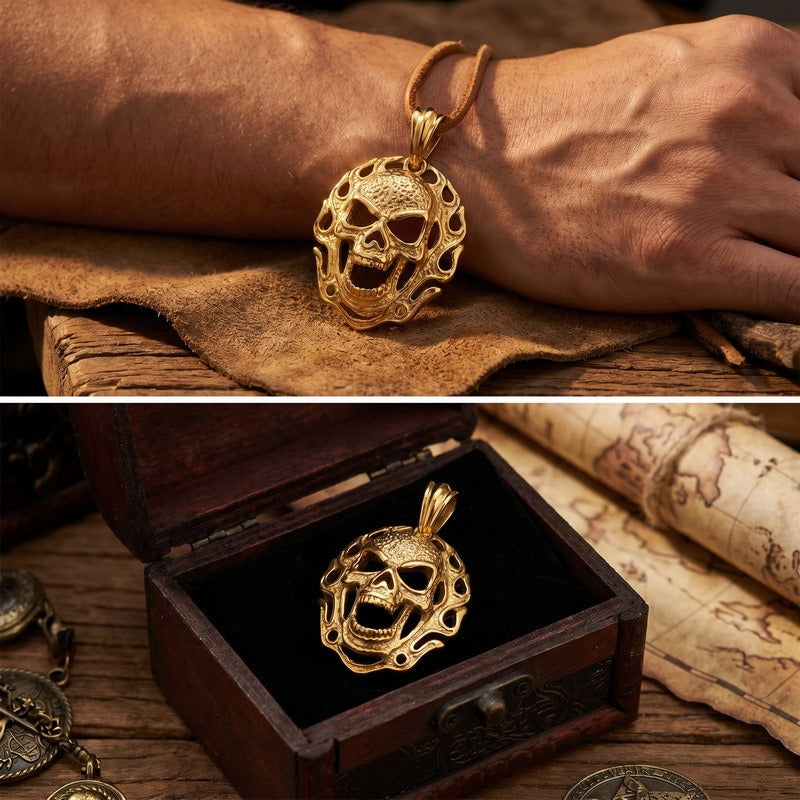 Kemstone Stainless Steel Flame Skull Pendant Necklace for Men Medallion KP118157-KJX