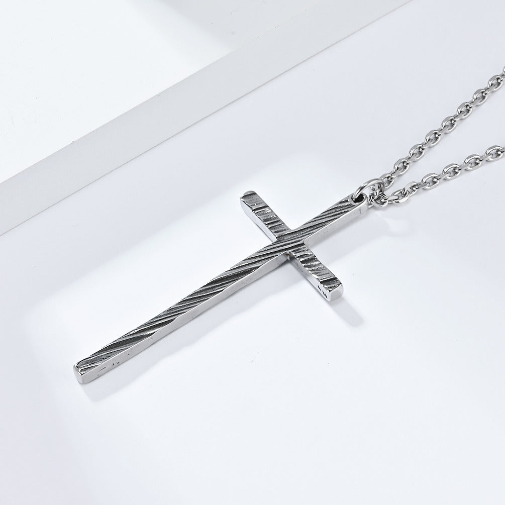 Kemstone Slim Textured Cross Pendant Necklace for Men Stainless Steel Vintage K-PT547