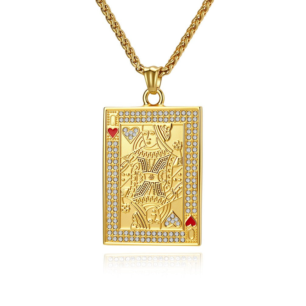 Kemstone Stainless Steel Playing Card Pendant Necklace for Men Women Iced Heart King K-PT719