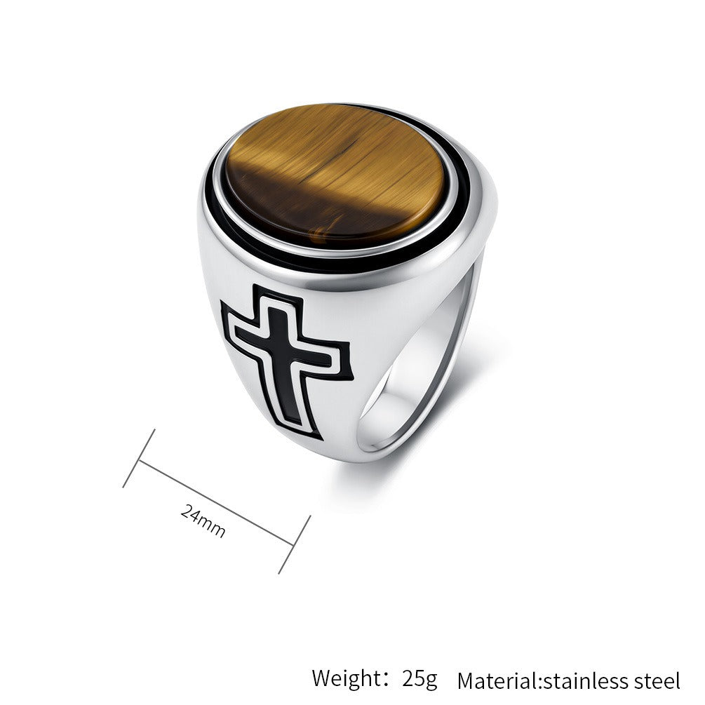 Kemston Oval Stone Signet Ring for Men Stainless Steel Engraved Cross K-R1202