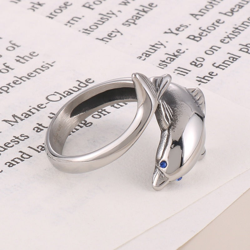 Kemstone Dolphin Ring for Men Titanium Steel Blue Eye Ocean Design KR104181-BDJX