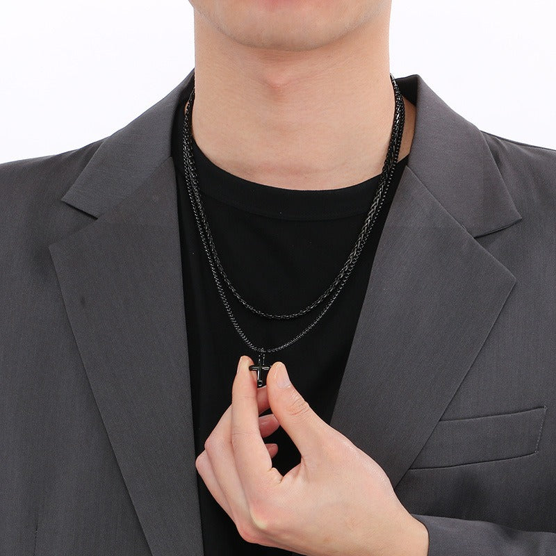 Kemstone Titanium Steel Cross Pendant Necklace for Men, Layered Box Chain Double Chain Gold Silver Black KN283141-KFC