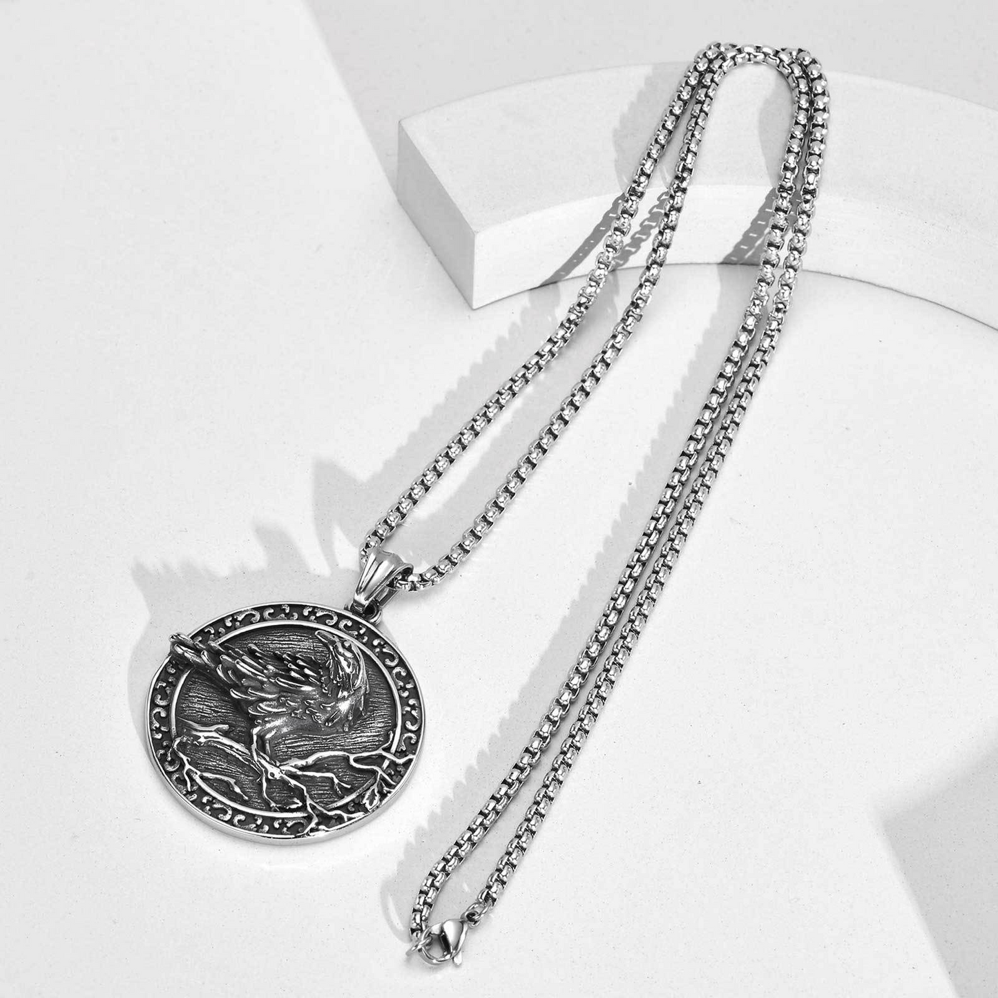 Kemston Raven Medallion Pendant Necklace for Men Stainless Steel Vintage Round PN-1642