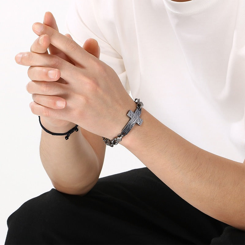 Kemstone Cross Bracelet for Men Titanium Steel Hammered Texture Gold Silver Black KB211655-KFC