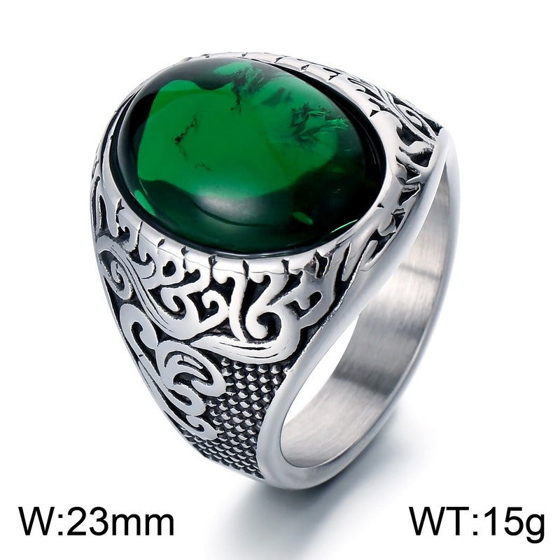 Kemstone Viking Rune Ring – Cracked Stone Titanium Steel Band for Men, Norse Mythology Gothic Style KR110138