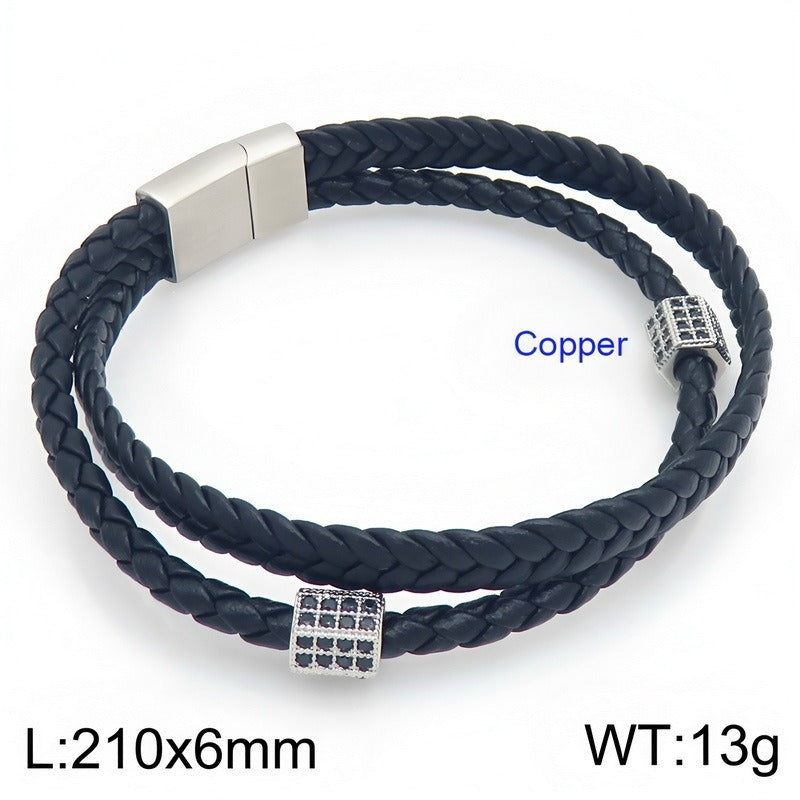 Kemstone Double Layer Braided Leather Bracelet for Men Copper Accent KB214771-SJ