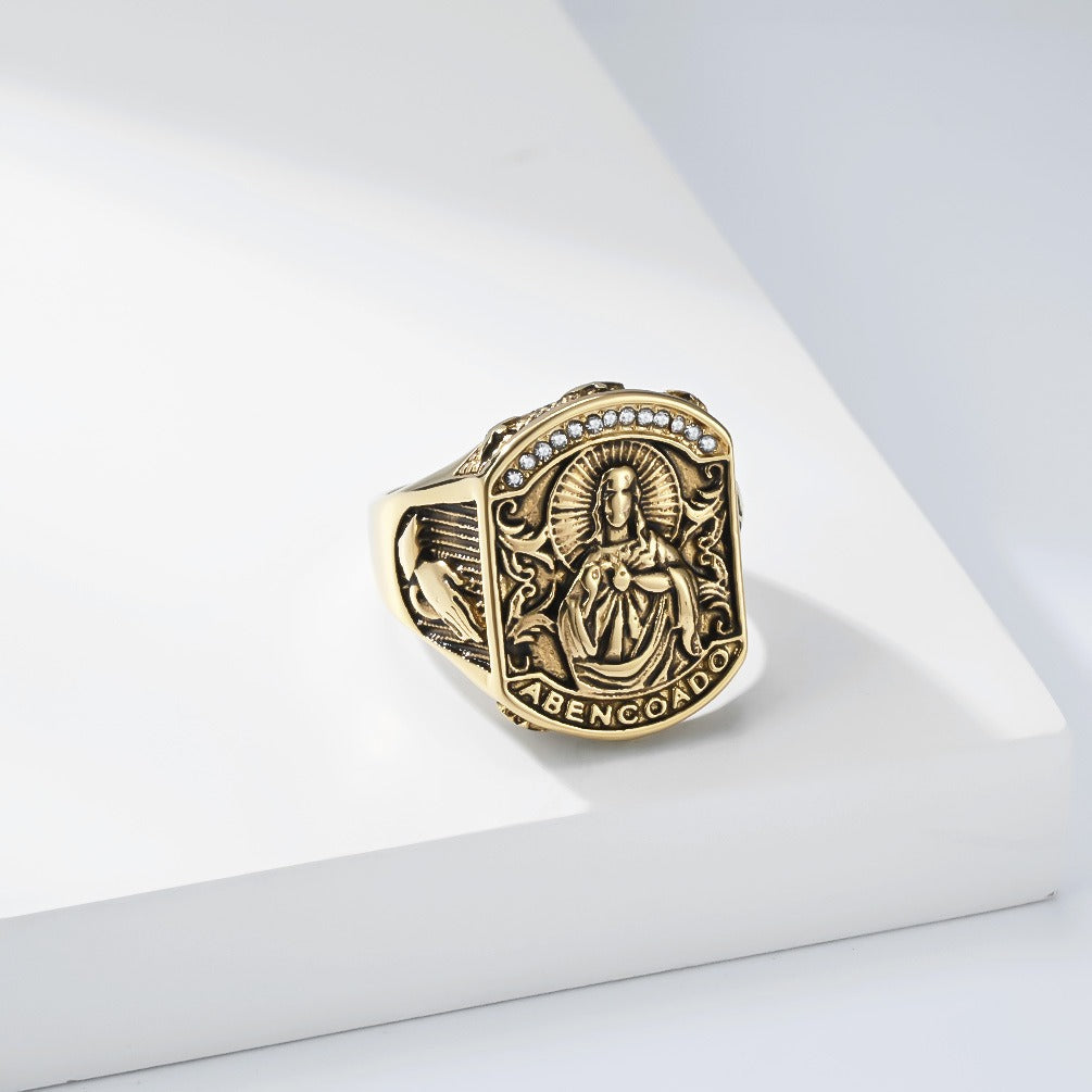 Kemston Baroque Engraved Signet Ring for Men Stainless Steel Gothic Vintage Relief Figure K-R1187