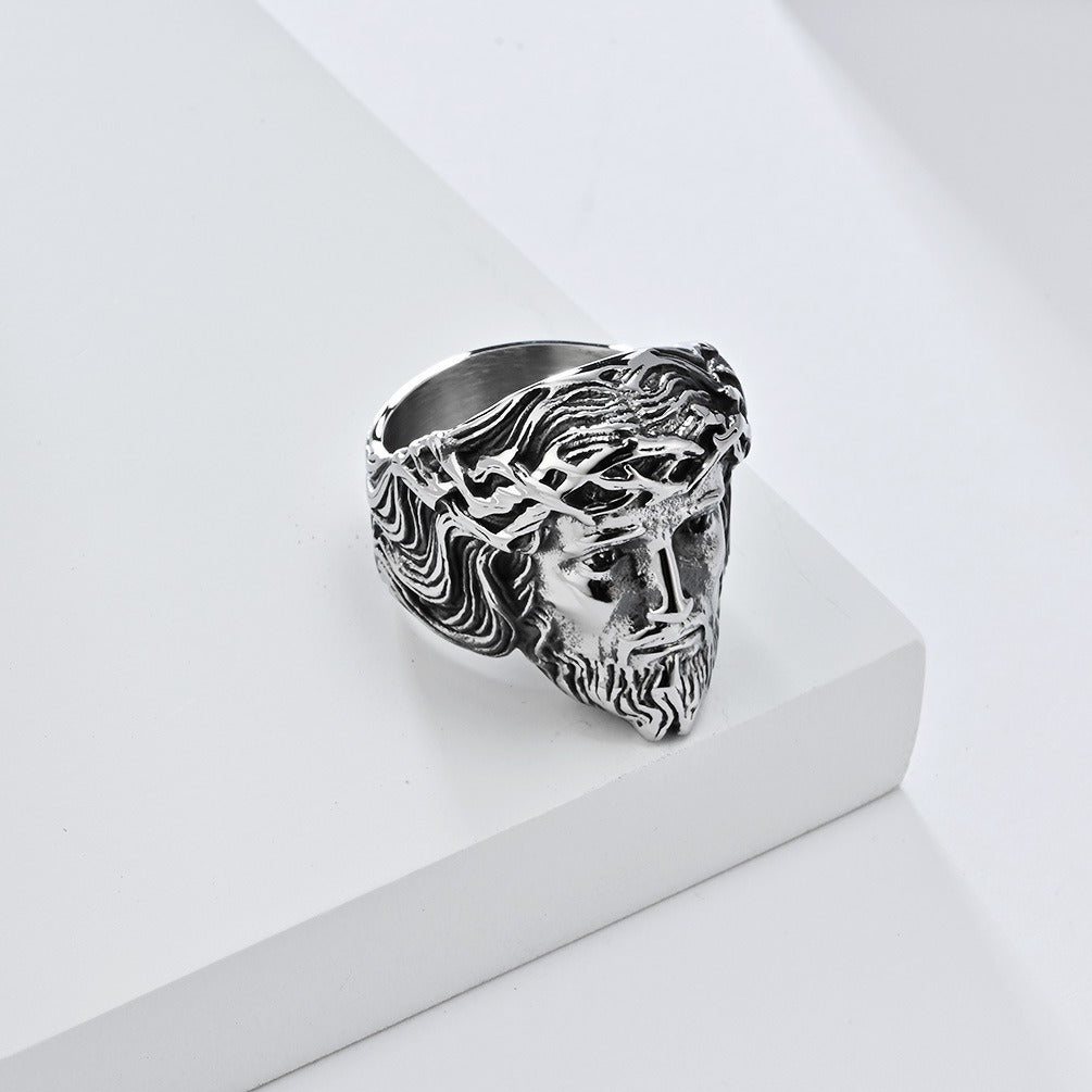 Kemstone Stainless Steel Vintage Portrait Ring for Men Sculpted Face Design K-R942