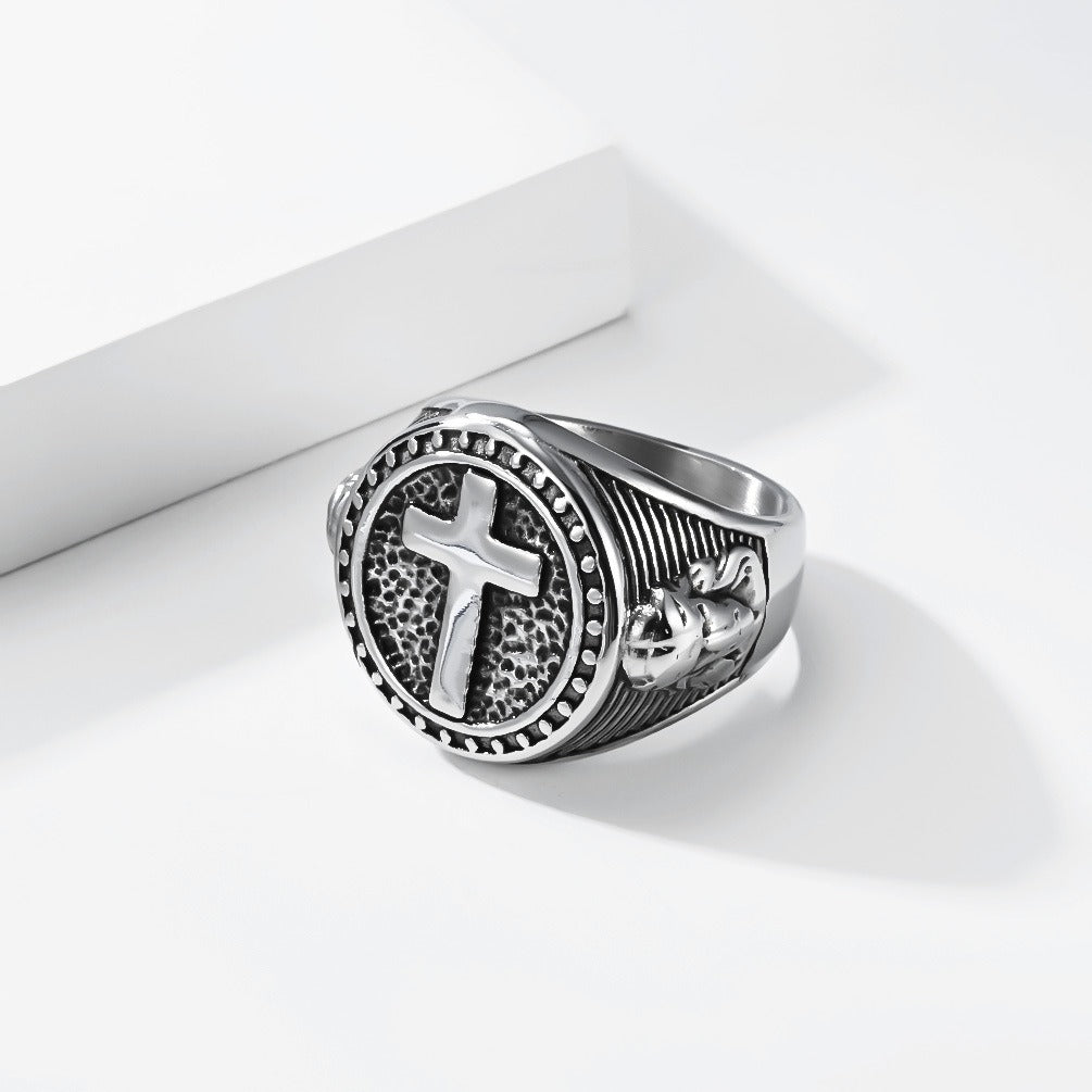 Kemstone Titanium Steel Cross Medallion Ring for Men Two Tone Round Signet Vintage Style Silver Gold Black K-R1140
