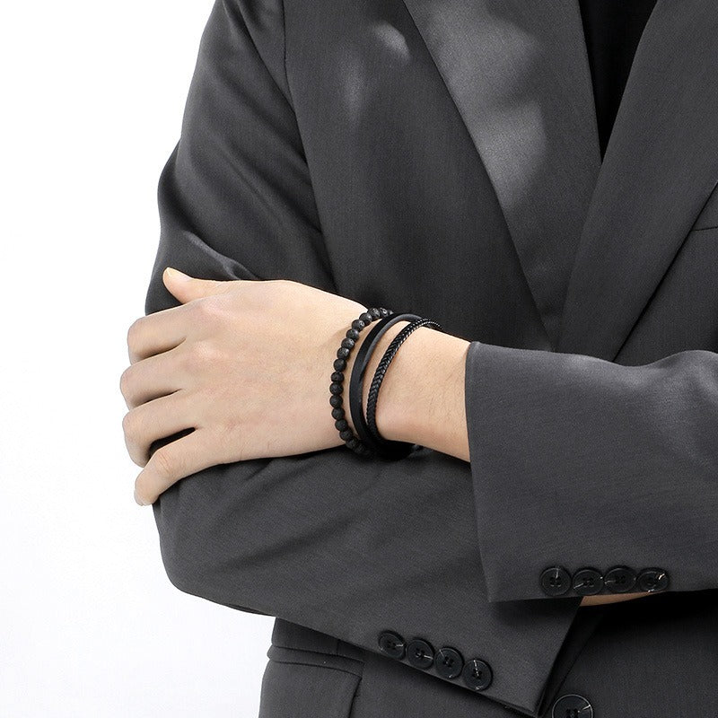 Kemstone Volcanic Rock Bracelet for Men Leather Stainless Steel Multi Layer KB180736-JR