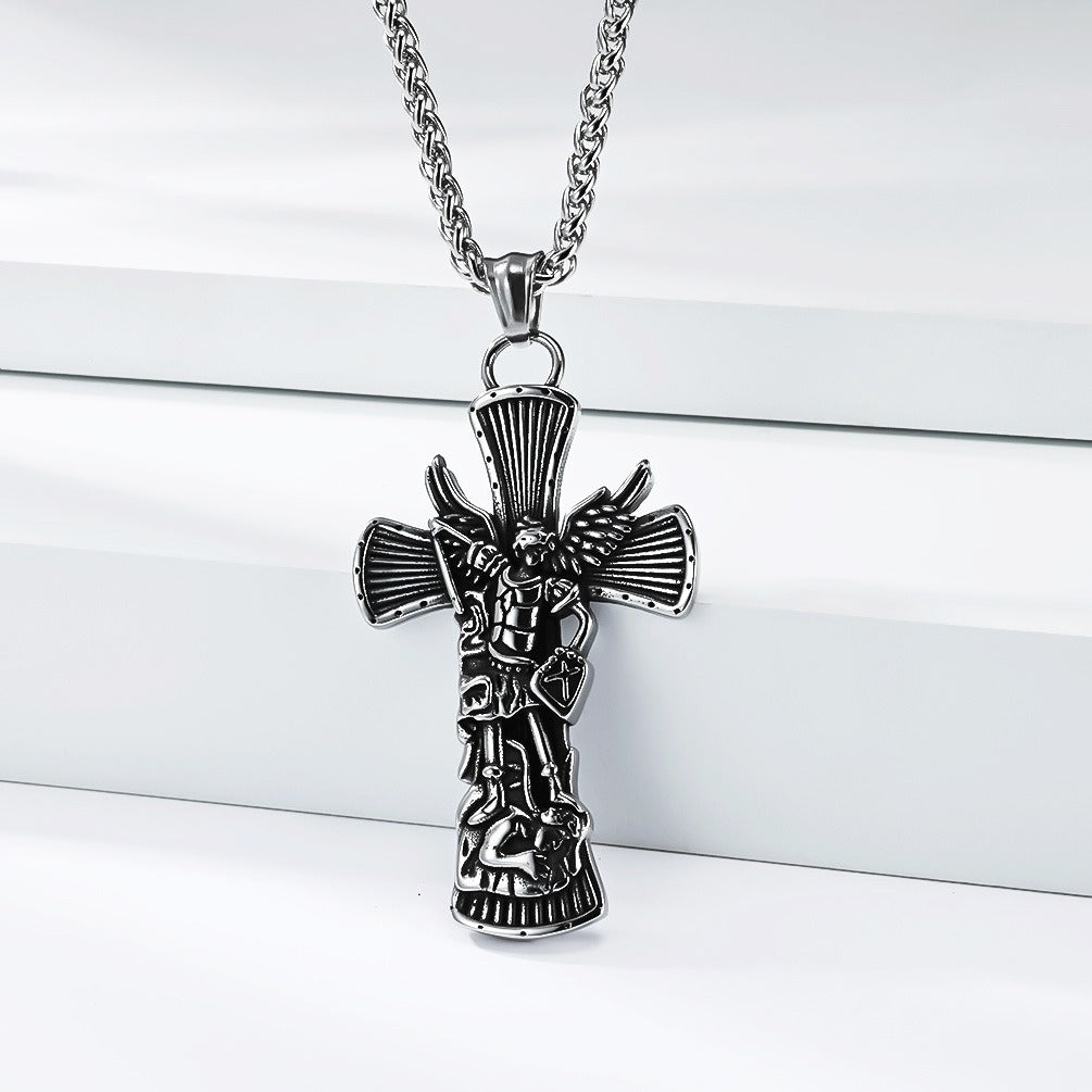 Kemstone Stainless Steel Cross Necklace for Men Angel Figure Detailed Pendant Chain Silver Gold Black K-PT706