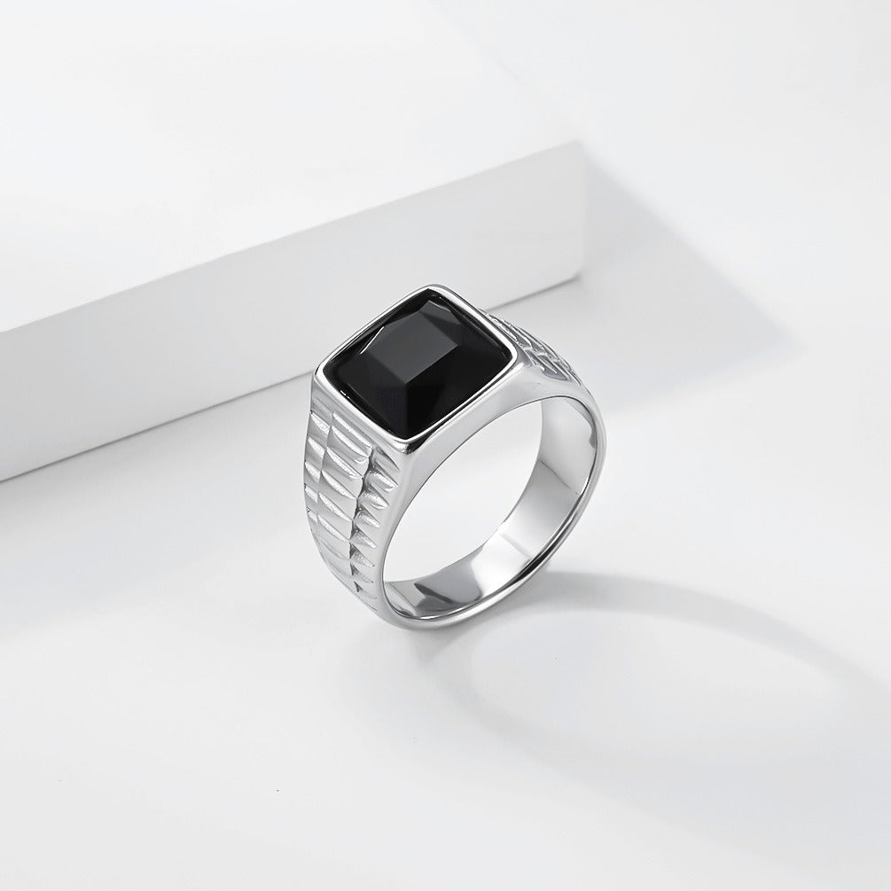 Kemstone Stainless Steel Black Square Stone Signet Ring for Men K-R1176