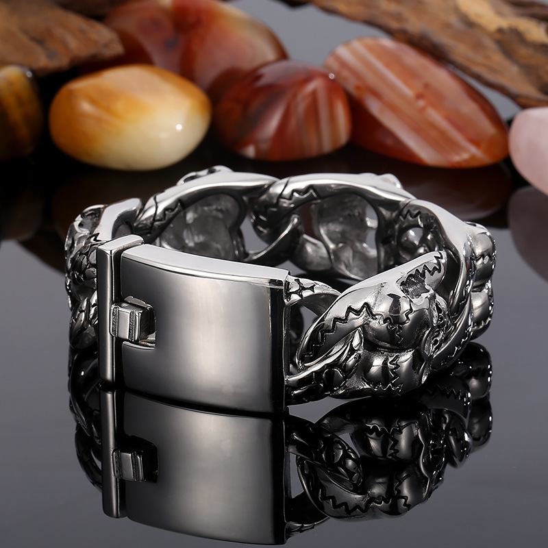 Kemstone Double Skull Titanium Steel Bracelet for Men – Heavy Vintage Chain KB29978