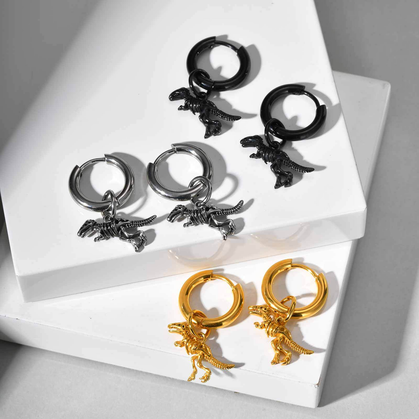 Stainless Steel Dinosaur Skeleton Hoop Earring for Men – Black Drop Charm ED-868