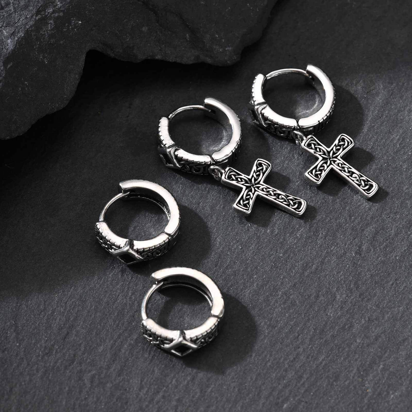Kemstone Stainless Steel Cross Hoop Earrings – Structured Frame & Drop Detail EH-787