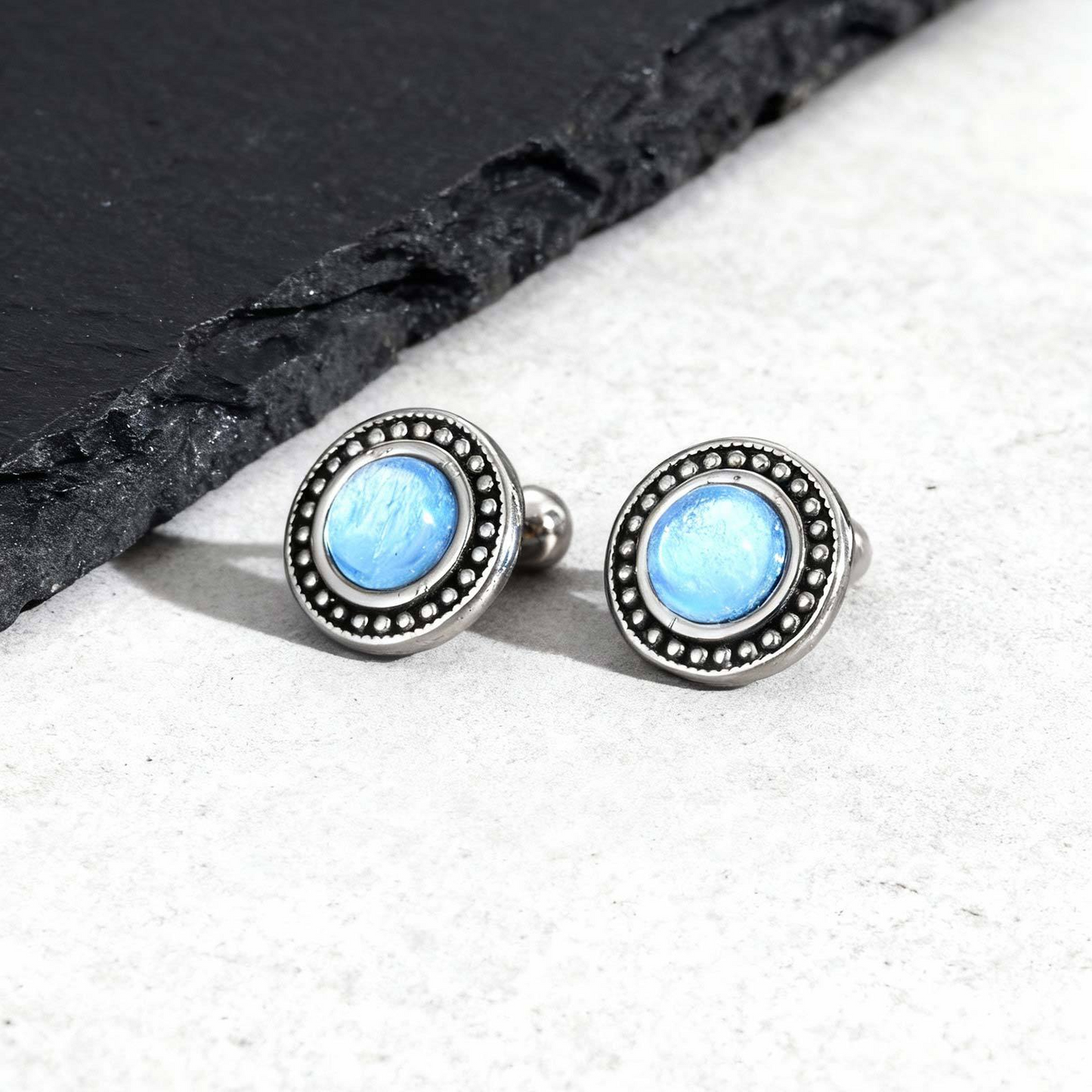 Kemstone Stainless Steel Blue Resin Stud Earrings for Men – Silver ES-769