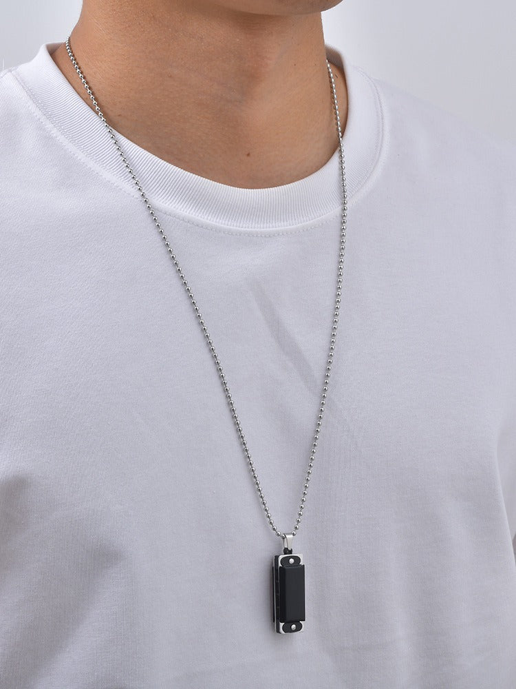 Kemston Black Rectangular Pendant Necklace for Men Alloy Silver Frame Stainless Steel Chain NC-3024