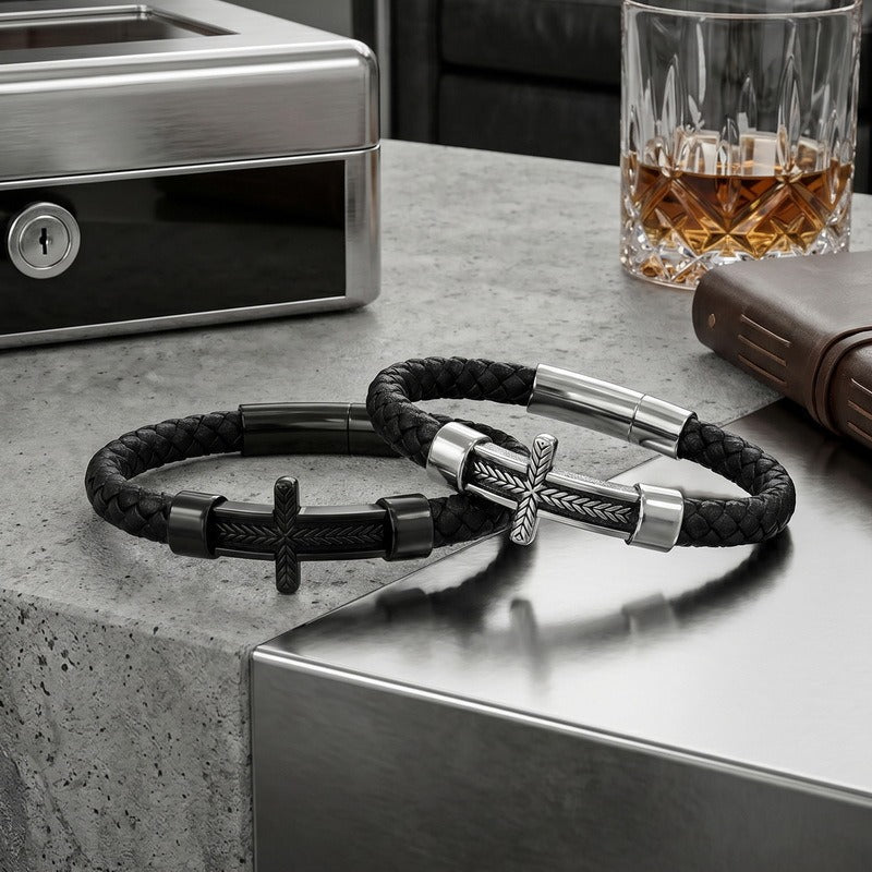 Kemstone Wheat Engraved Cross Bracelet for Men Braided Faux Leather Titanium Steel KB214751-SJ