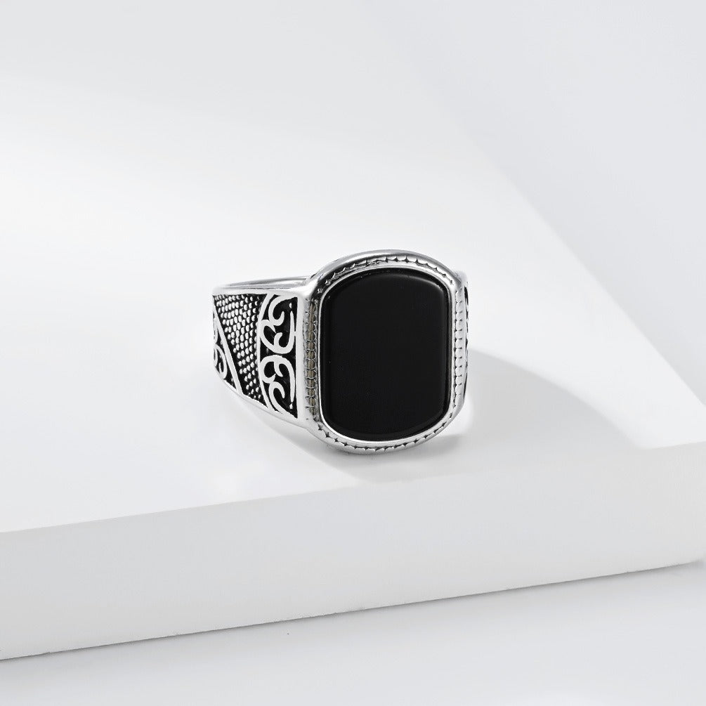 Kemston Vintage Signet Ring for Men Stainless Steel Square Stone Engraved Design K-R1197