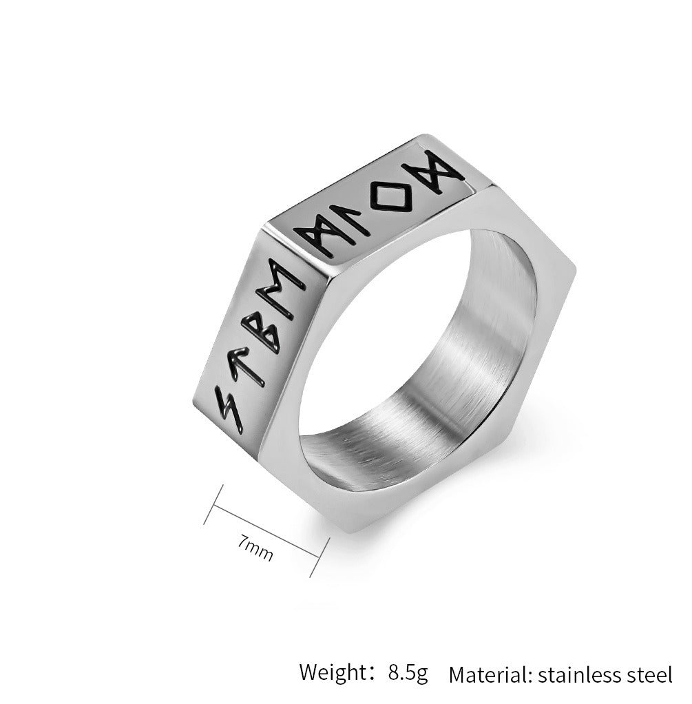 Kemstone Titanium Steel Rune Ring – Nordic Viking Hex Nut Design K-R703