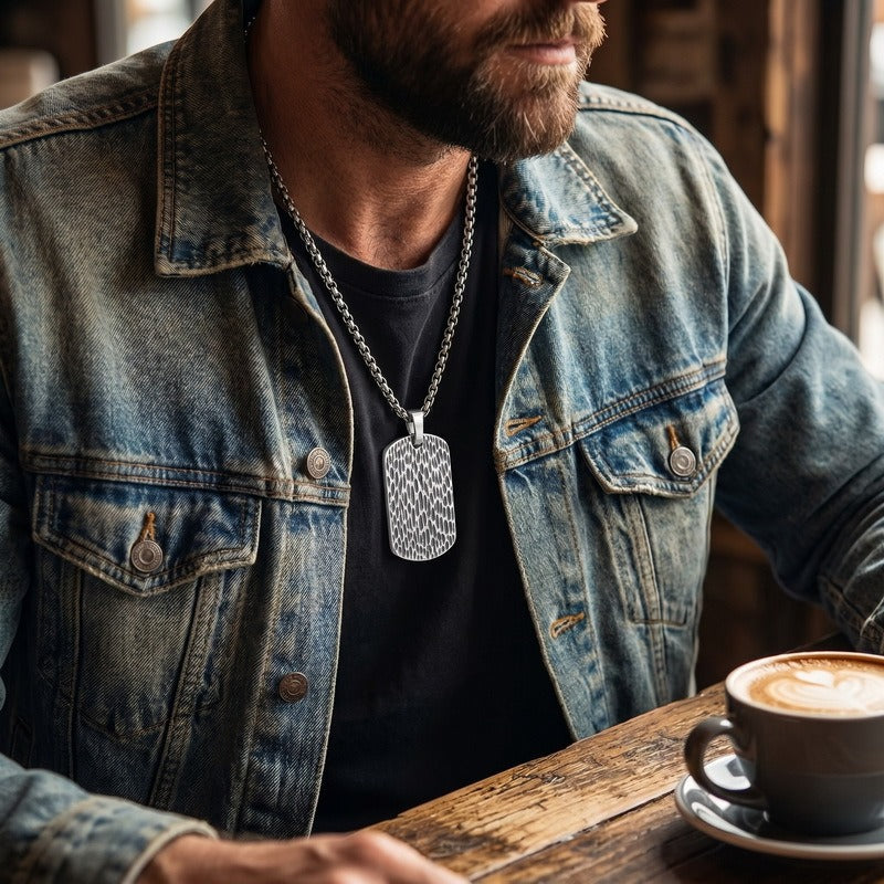 Kemson Hammered Tag Pendant Necklace Men Stainless Steel Vintage Textured Style KP118340-KJX